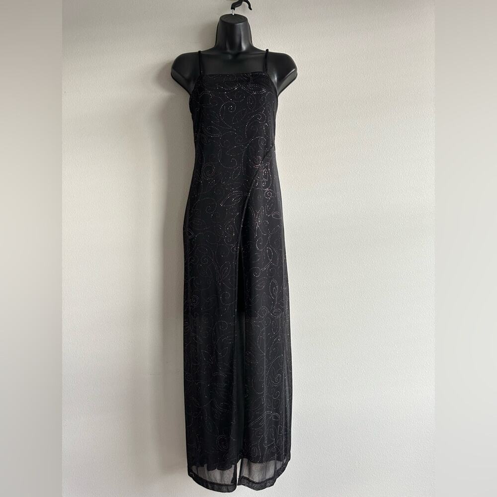 Vintage Y2K Sheer Black Glitter Maxi Dress | Mesh Overlay Slip Dress Sparkle L